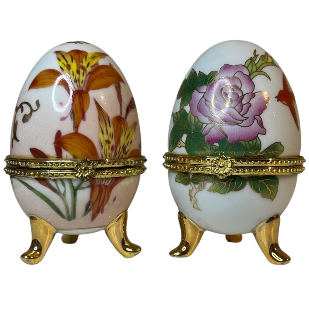 Egg Figurines Floral Hinged Trinket Box Orange Pink Gold Collectible Set Of 2
